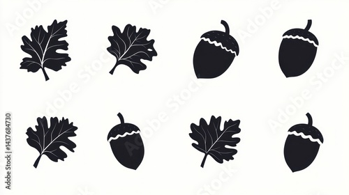 Oak leaves and acorns icons, isolated, on white. Graphic design element