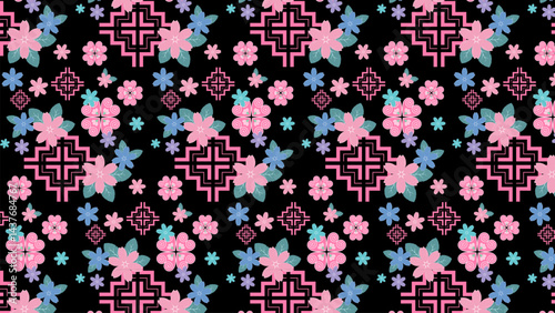 Hmong ethnic pattern, which is a unique pattern of the Hmong ethnic group, uses a design that combines pastel-tone flowers, used in fabric printing, wallpaper, and backgrounds.