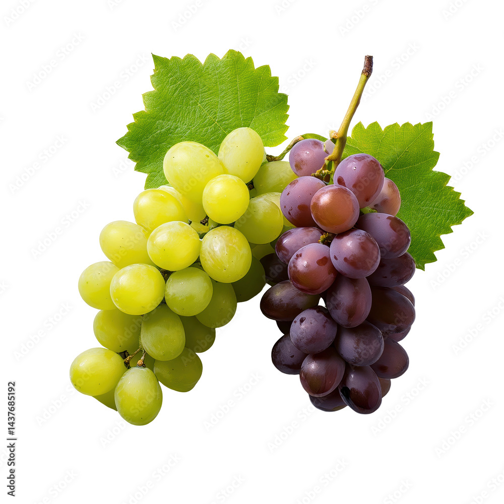 Obraz premium Fresh Green and Purple Grapes with Leaves, Perfect for Healthy Snacking and Cooking on transparent background