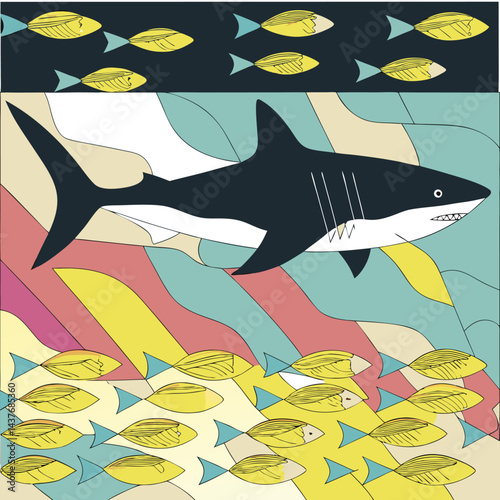 "Dynamic Shark Silhouette Collection Featuring Great White, Hammerhead, and Ocean Wildlife Scenes Vector Illustration"