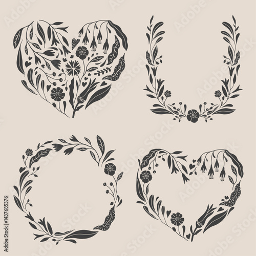 Art nouveau flower frame. Flower and leaf border, branch, wreath, garland decoration. Botanical vector illustration. Vintage antique classic floral graphic element. 