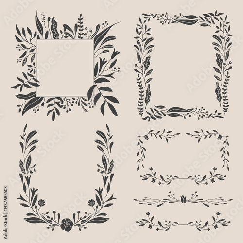 Art nouveau flower frame. Flower and leaf border, branch, wreath, garland decoration. Botanical vector illustration. Vintage antique classic floral graphic element. 