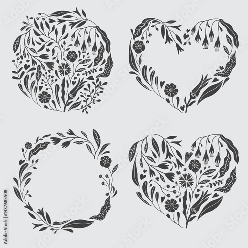 Art nouveau flower frame. Flower and leaf border, branch, wreath, garland decoration. Botanical vector illustration. Vintage antique classic floral graphic element. 