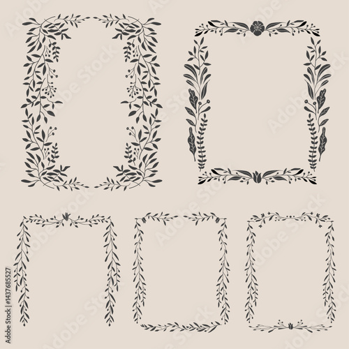 Art nouveau flower frame. Flower and leaf border, branch, wreath, garland decoration. Botanical vector illustration. Vintage antique classic floral graphic element. 