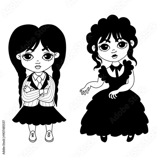 Cute girl with braids and fantasy dancing. Vector illustration. Isolated hand drawing fantasy little characters in cartoon doodle style