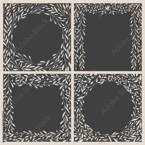 Art nouveau flower frame. Flower and leaf border, branch, wreath, garland decoration. Botanical vector illustration. Vintage antique classic floral graphic element. 