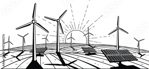 Sustainable Energy: Wind Turbines & Solar Panels Line Art