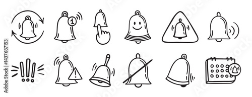 bell notification related doodle hand drawn icon set. Outline drawing bell line clipart symbol collection