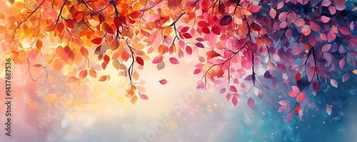 Obraz na płótnie Vibrant autumn leaves, watercolor art, nature background. w salonie