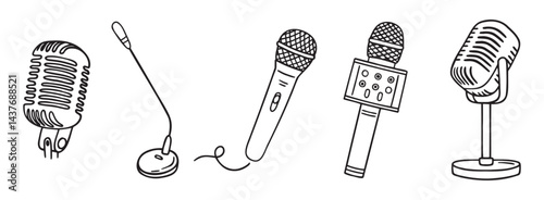 podcasting microphone recording mic doodle hand drawn icon set. Outline drawing microphone line clipart symbol
