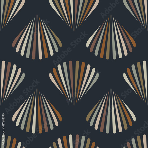 Retro seamless marine pattern with colorful sea shells. Vintage geometric pattern of shells in 60s style.