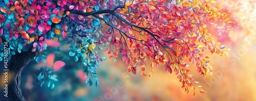 Vibrant autumn tree branch with colorful leaves.