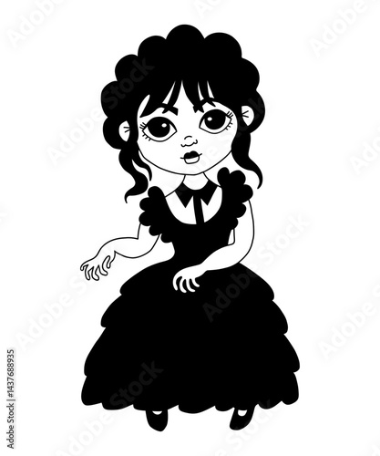 Wednesday. Fantasy dancing girl. Hand drawing cute character little pretty woman. Vector illustration. 