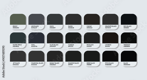 Neutral Black Color Guide Palette with color Names. Catalog Samples of Neutral Black with RGB HEX codes and Names. dark charcoal Color Palette, Fashion Trend Pantone Neutral paint black Color Palette