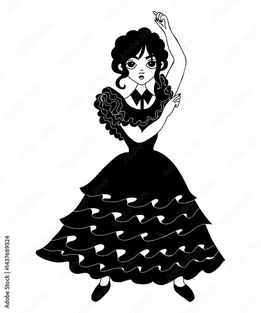 Fototapeta premium Fantasy dancing of pretty girl. Wednesday. Vector illustration. Hand drawing cute character girl