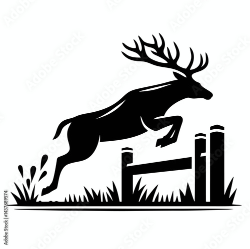 Black and white vector art of a deer jumping over a fence.