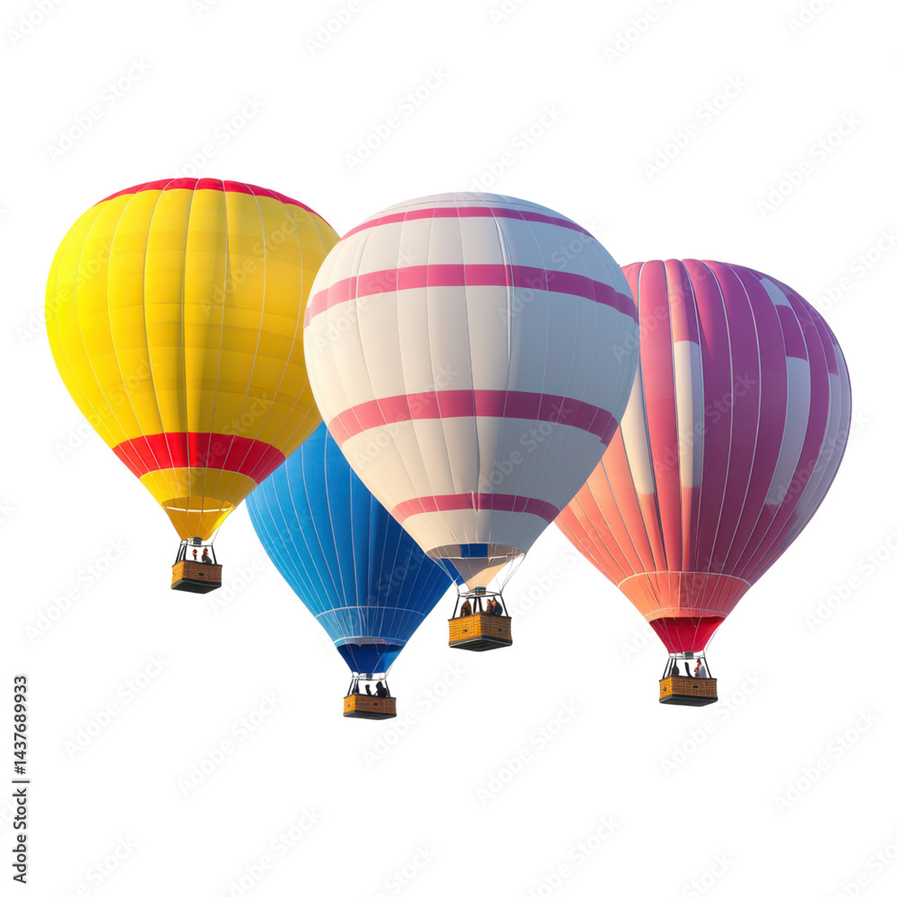 Fototapeta premium Four colorful hot air balloons float together in the sky.