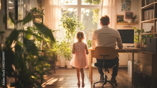 A father and daughter in a sunlit home office. photo