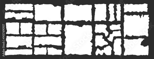 Torn paper pieces frame set. Torn paper with jagged edges. Ripped rectangular shape silhouette collection. Textured grunge elements collage, text box, poster, banner