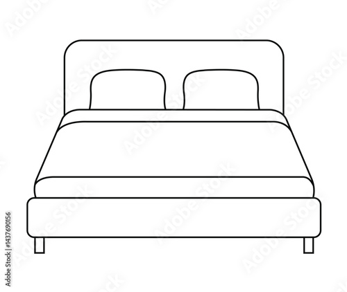 Simple vector double bed, table, potted plant. Scandinavian cozy bedroom furniture. Editable stroke.