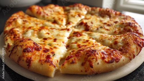 Sliced Cheese Pizza with Greens, macro shot focusing on the texture of the pizza crust and the melted cheeps photo