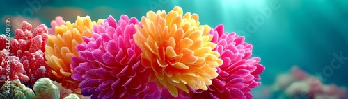 Vibrant coral reef ecosystem underwater hyperrealistic photography natural environment close-up biodiversity photo