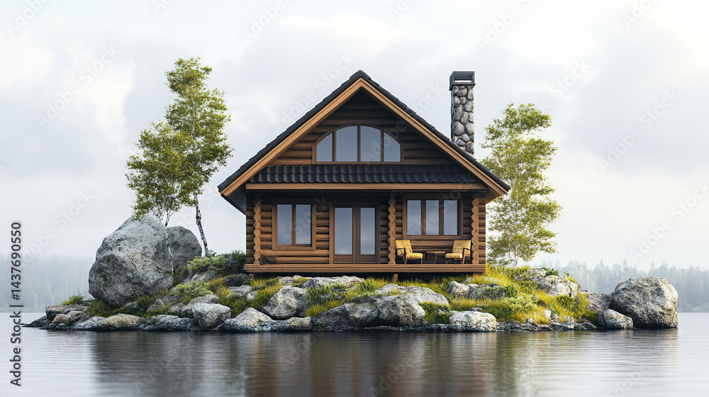 Obraz premium cozy log cabin surrounded by water and trees, perfect for peaceful retreat