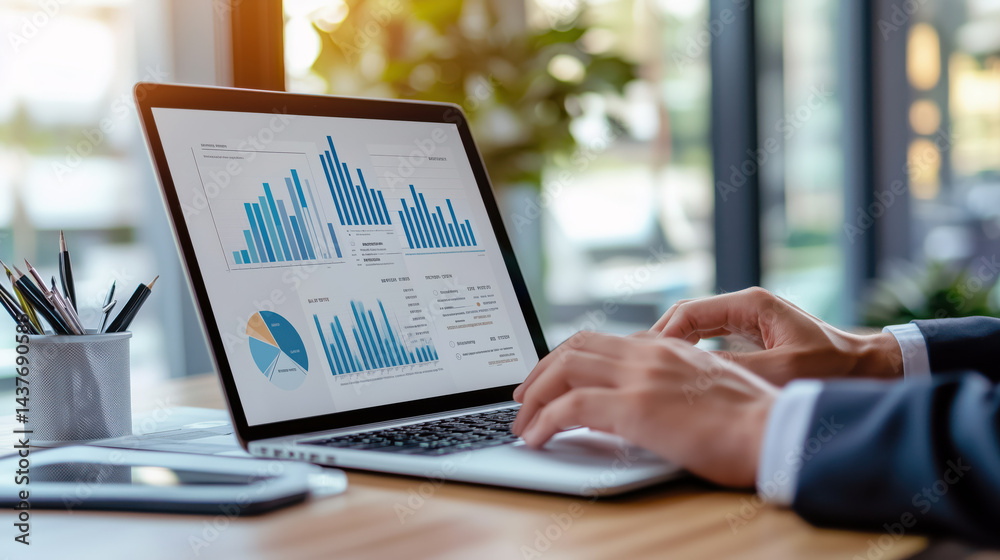 A man in a business suit is typing on a laptop with a graph on the screen. The graph shows a downward trend, which could indicate a decline in sales or a negative result