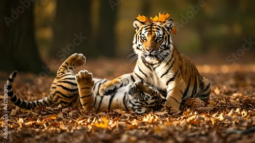 Two tiger cubs play-fighting in a pile of autumn leaves