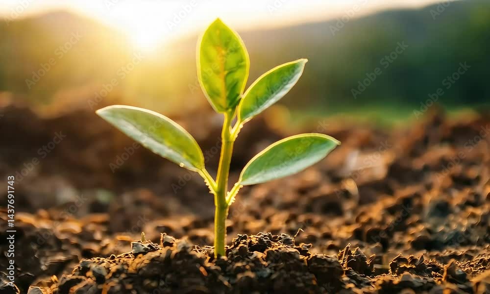A small plant sprout growing in fertile soil, bathed in golden sunlight. A small plant sprout growing in fertile soil, bathed in golden sunlight.
