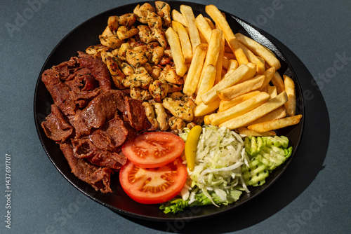 Mix chicken grill kabab, salad and French fries served in a dish, Arabic Platter, Mix Grill Platter with chicken, salad and fries