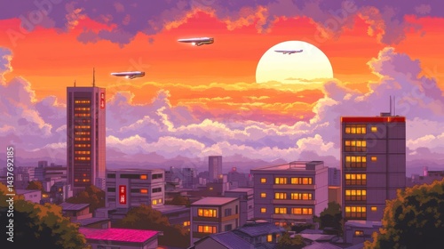 Cityscape with buildings under a colorful sunset sky with clouds and airplanes.