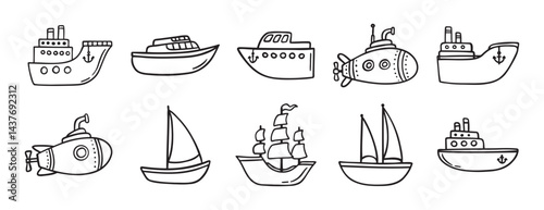 cute ship doodle hand drawn icon set. Outline drawing ships line clipart symbol collection