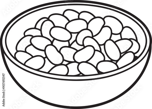 beans in a bowl line art, black outline, vector and illustration, coloring book page line art drawing