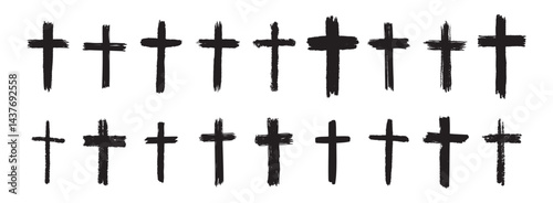 hand drawn grunge cross black bold icons set. Christian cross signs collection, cross symbols created with real ink brush isolated on white background.