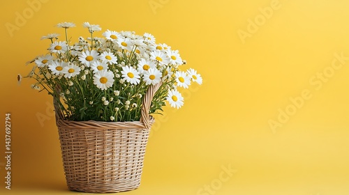 Minimalistic wicker basket with beautiful white flowers on a bright yellow background, providing copy space for greeting cards, spring decorations, or creative designs.