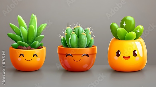 Three cute potted succulents with happy faces