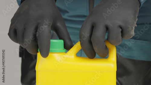 Quadro su tela A man in black gloves pours bleach into a container, raising suspicions