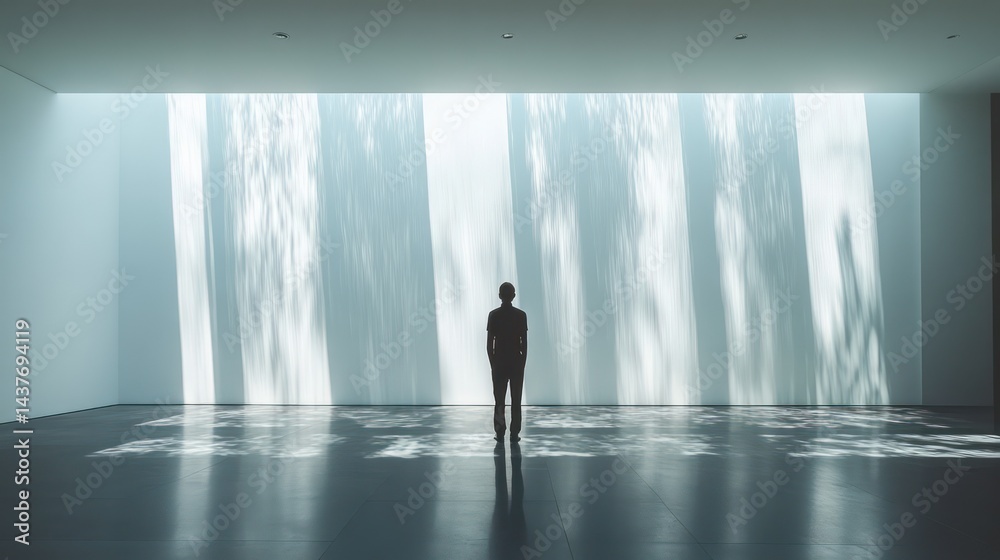 Fototapeta premium Person stands in a bright empty room with light streaming through a window.