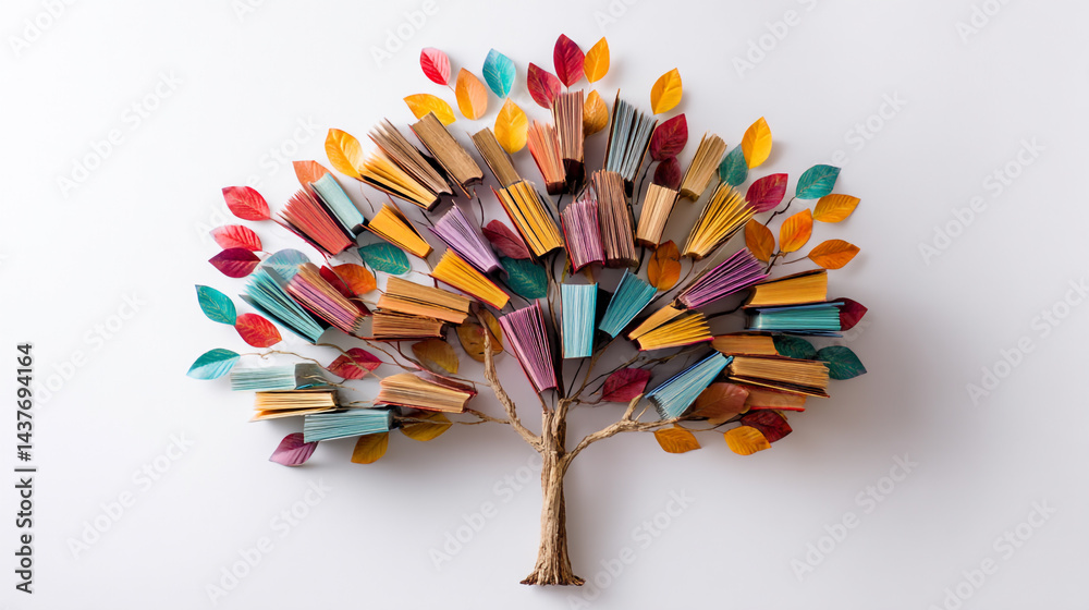 Tree with full color books like leaves on tree on grass, literacy day concept with tree with books like leaves. International literacy day concept with tree with books like leaves. Liter