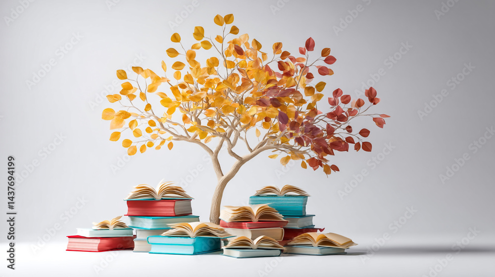 Tree with full color books like leaves on tree on grass, literacy day concept with tree with books like leaves. International literacy day concept with tree with books like leaves. Liter