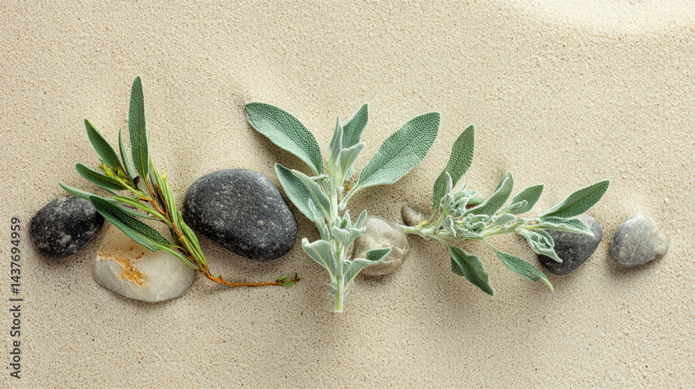 Serene Sage Twig Among Pebble Rocks, Spa still life with flowers, sand and zen stone.