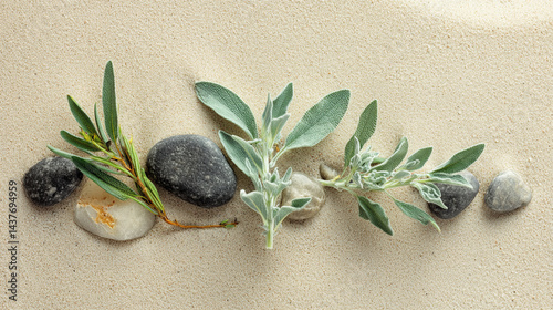 Obraz na płótnie Serene Sage Twig Among Pebble Rocks, Spa still life with flowers, sand and zen stone. w salonie