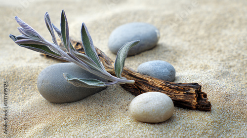 Obraz na płótnie Serene Sage Twig Among Pebble Rocks, Spa still life with flowers, sand and zen stone. w salonie