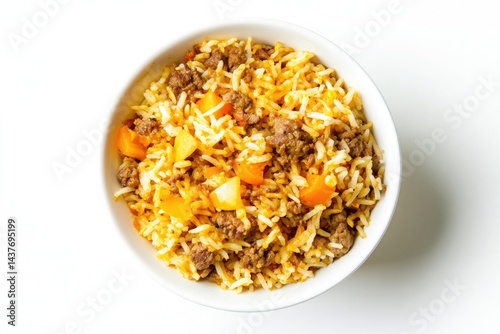 bowl filled with a starchy curryish mix of savoury rice mixed together with pale brown minced meat and diced veggies