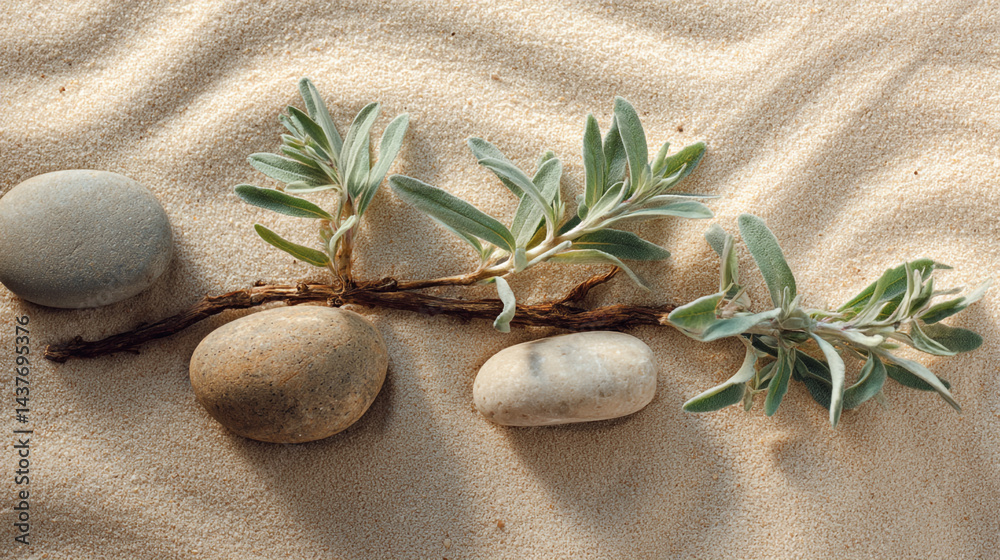 Minimalist sand background with eucalyptus branch and smooth stone for spa or wellness, serene composition of sage twig and pebble rocks on sand with botanical background