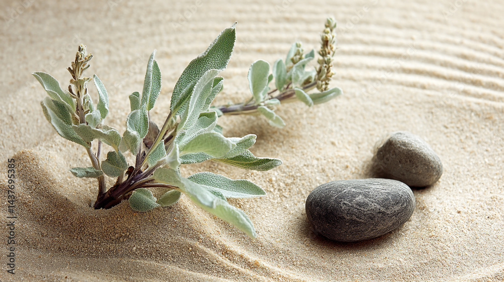 Minimalist sand background with eucalyptus branch and smooth stone for spa or wellness, serene composition of sage twig and pebble rocks on sand with botanical background