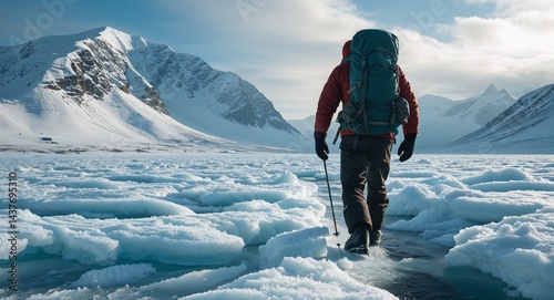 Winter explorer trekking across frozen tundra