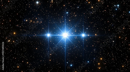 Bright star system with two prominent companions, surrounded by countless fainter stars in deep space