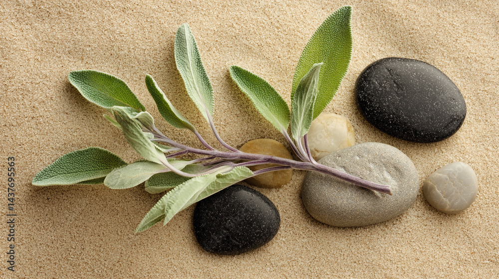 Zen Garden Stones, Sand, Plant, Serenity, Close-up, with pebble rocks arranged in a tranquil pattern, Natural harmony sage twig & smooth pebble rocks stone on sand.